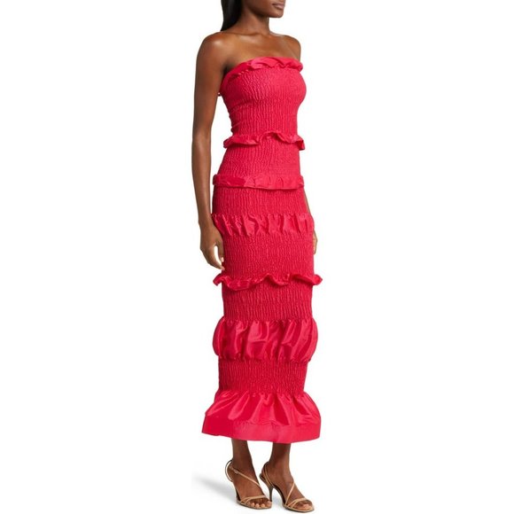 NEW ORIRE Nama Smocked Ruffle Strapless Fuschia Maxi Dress SIZE US 2 - Picture 3 of 11